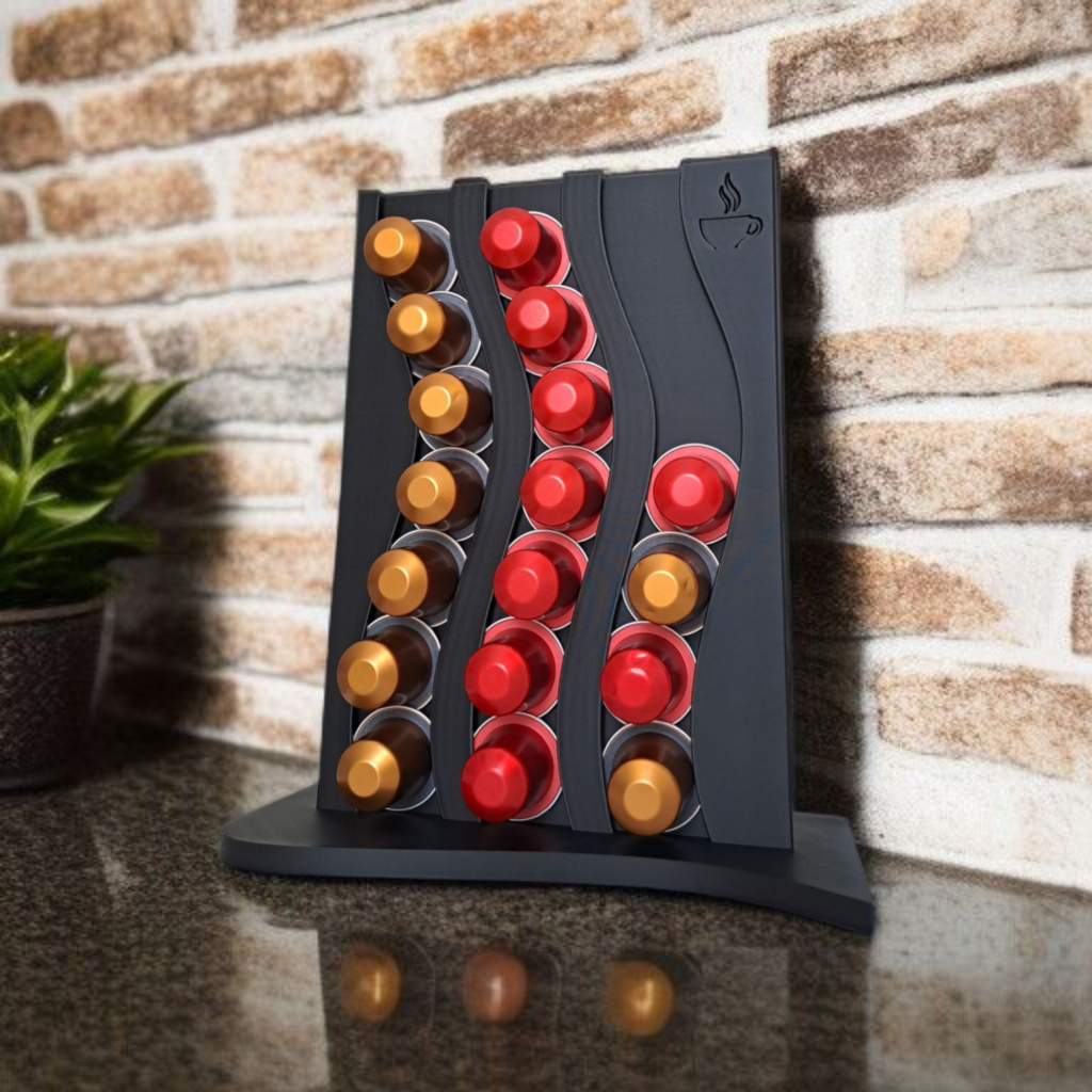 Black 3D printed vertical coffee capsule holder