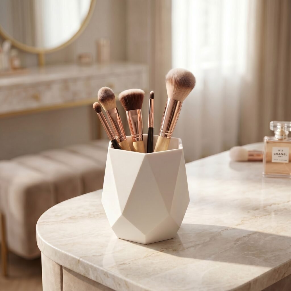 White geometric makeup brush holder with brushes