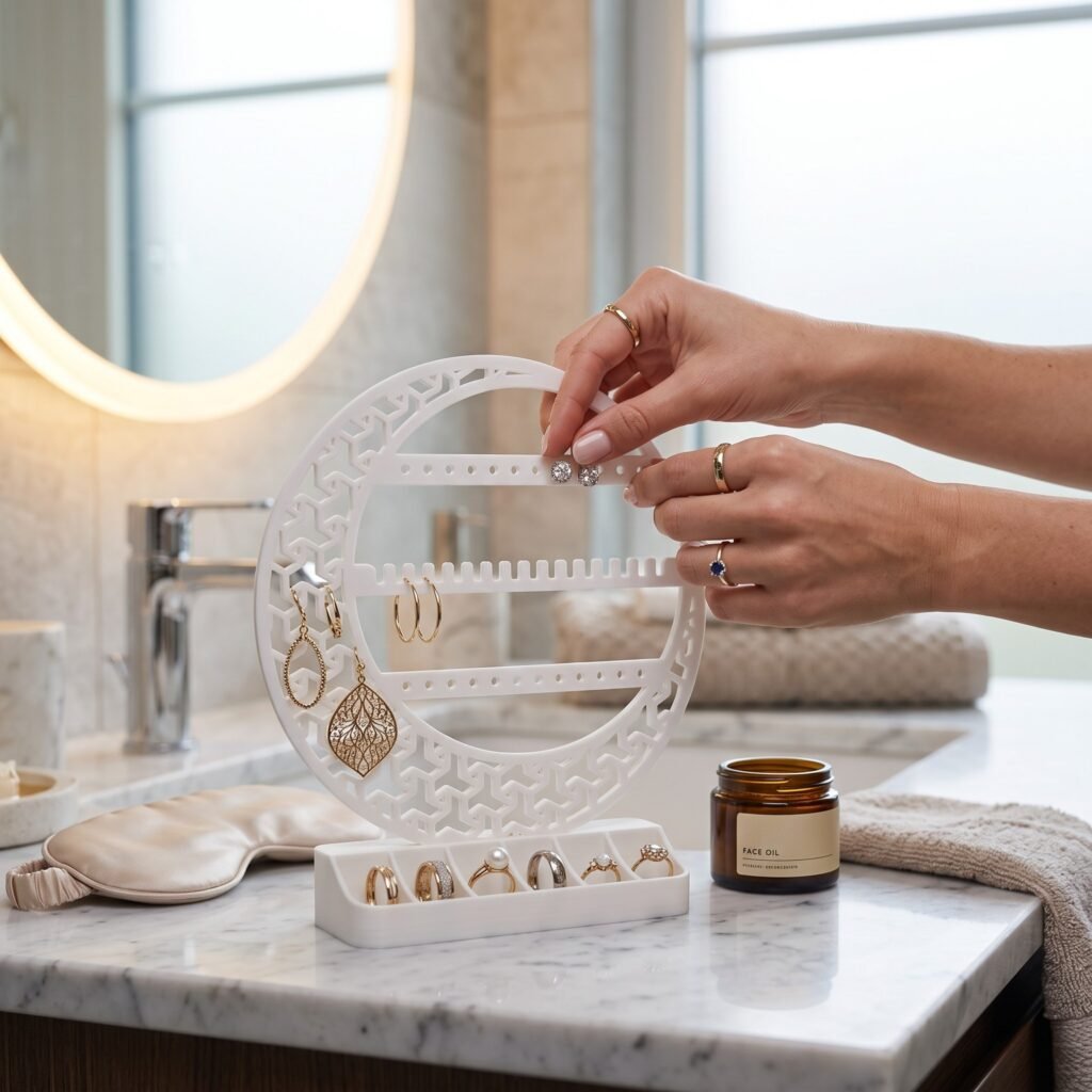 White crescent moon jewellery organizer with earrings and ring tray