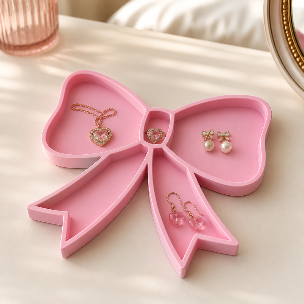 Pink 3D printed coquette bow jewellery tray with divided compartments