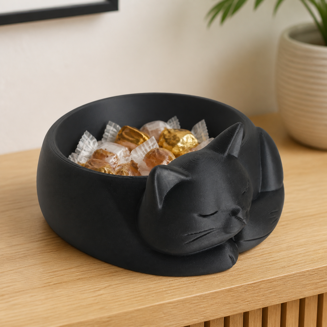 Black 3D printed sleeping cat candy and storage bowl