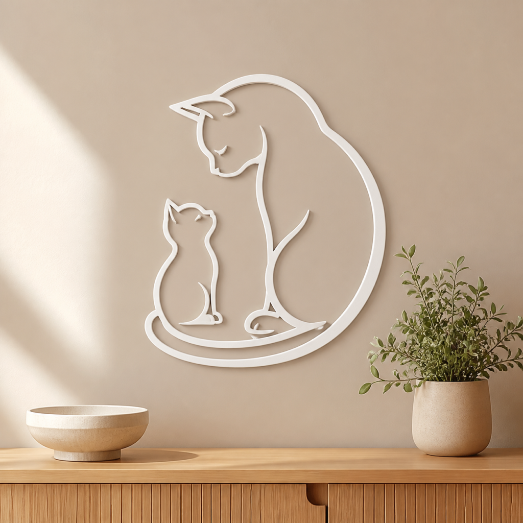 White 3D printed mother cat and kitten wall decoration