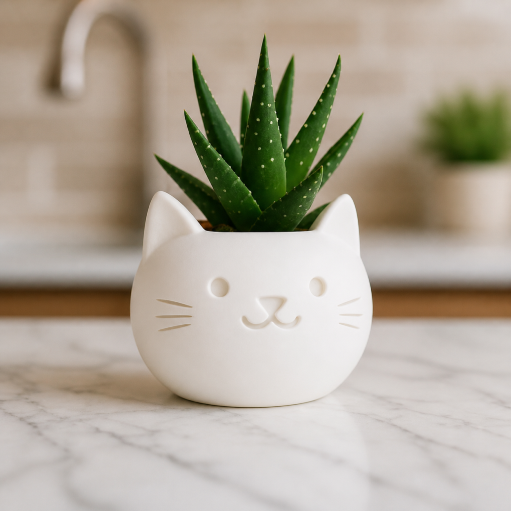 White 3D printed cat planter with succulent