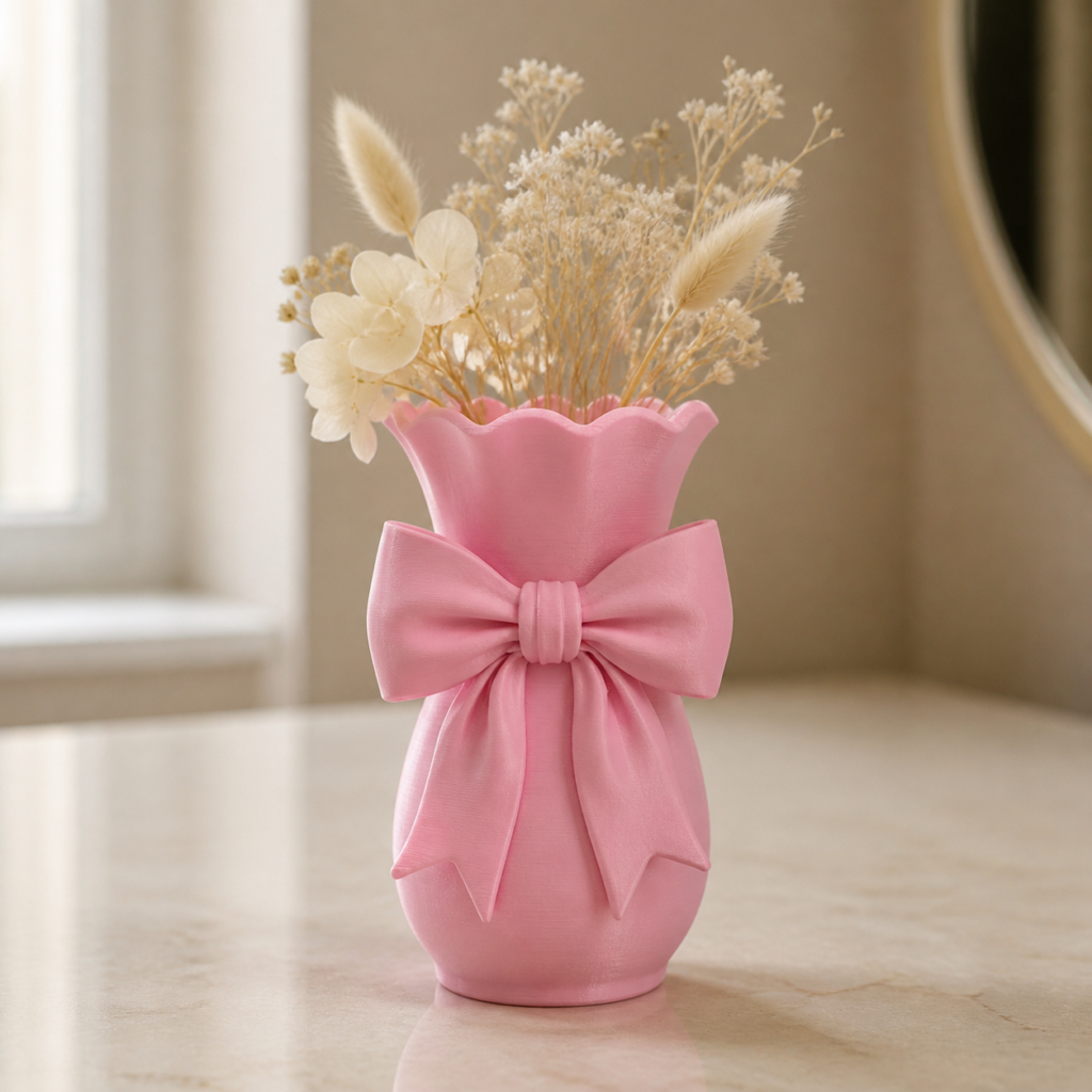 Blush pink 3D printed coquette bow vase with scalloped rim
