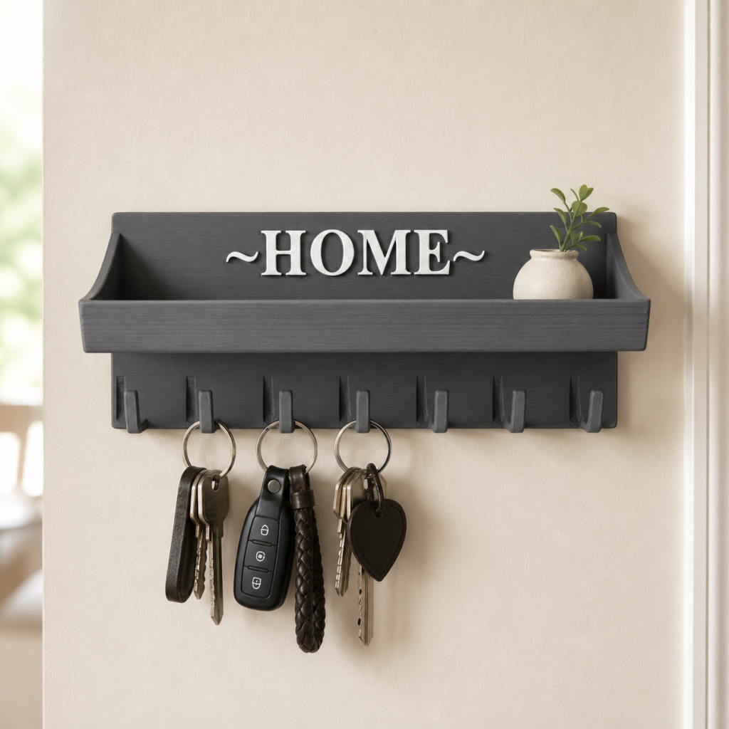 Gunmetal and white HOME key hanger with seven hooks and shelf
