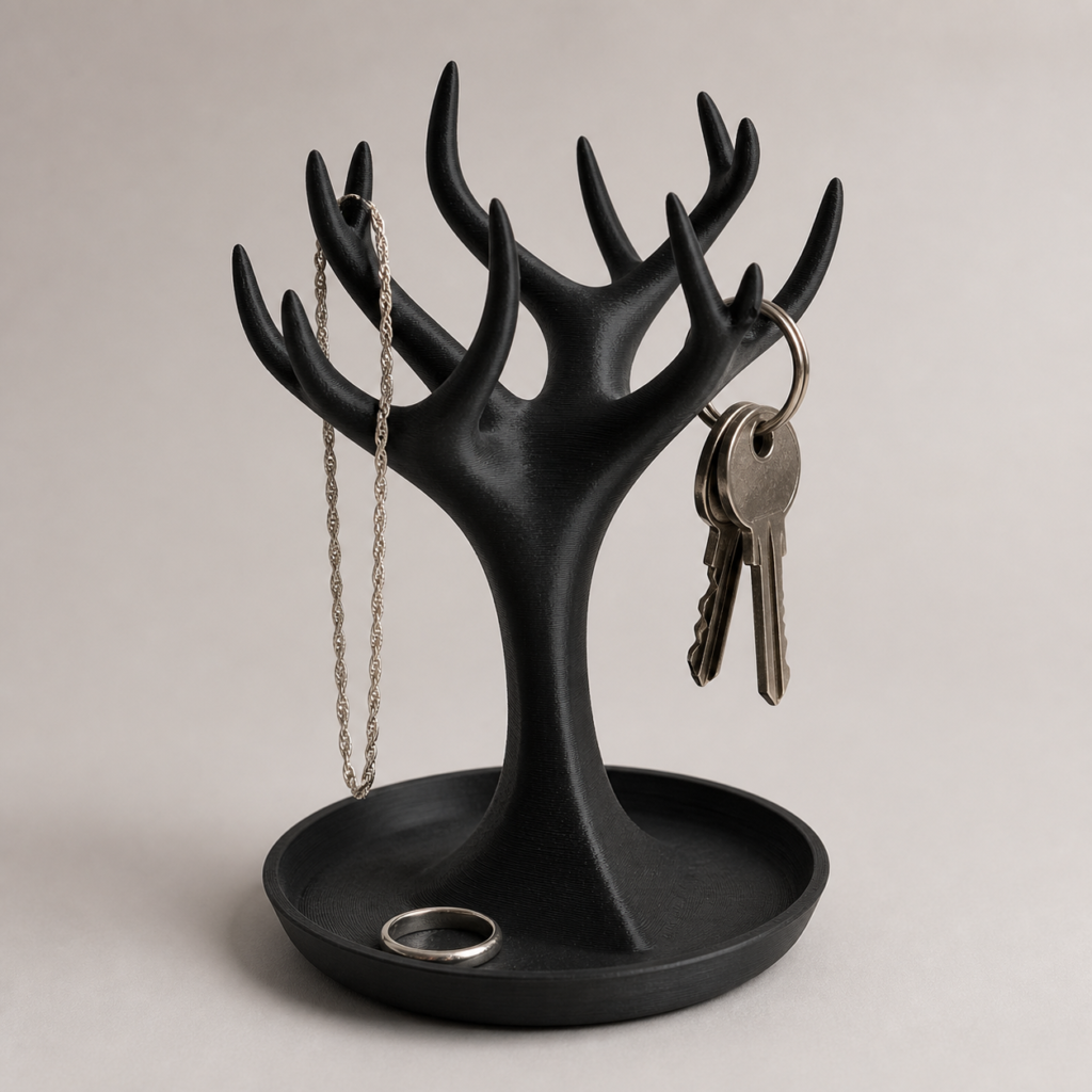 Black 3D printed tree jewellery and key organizer with tray