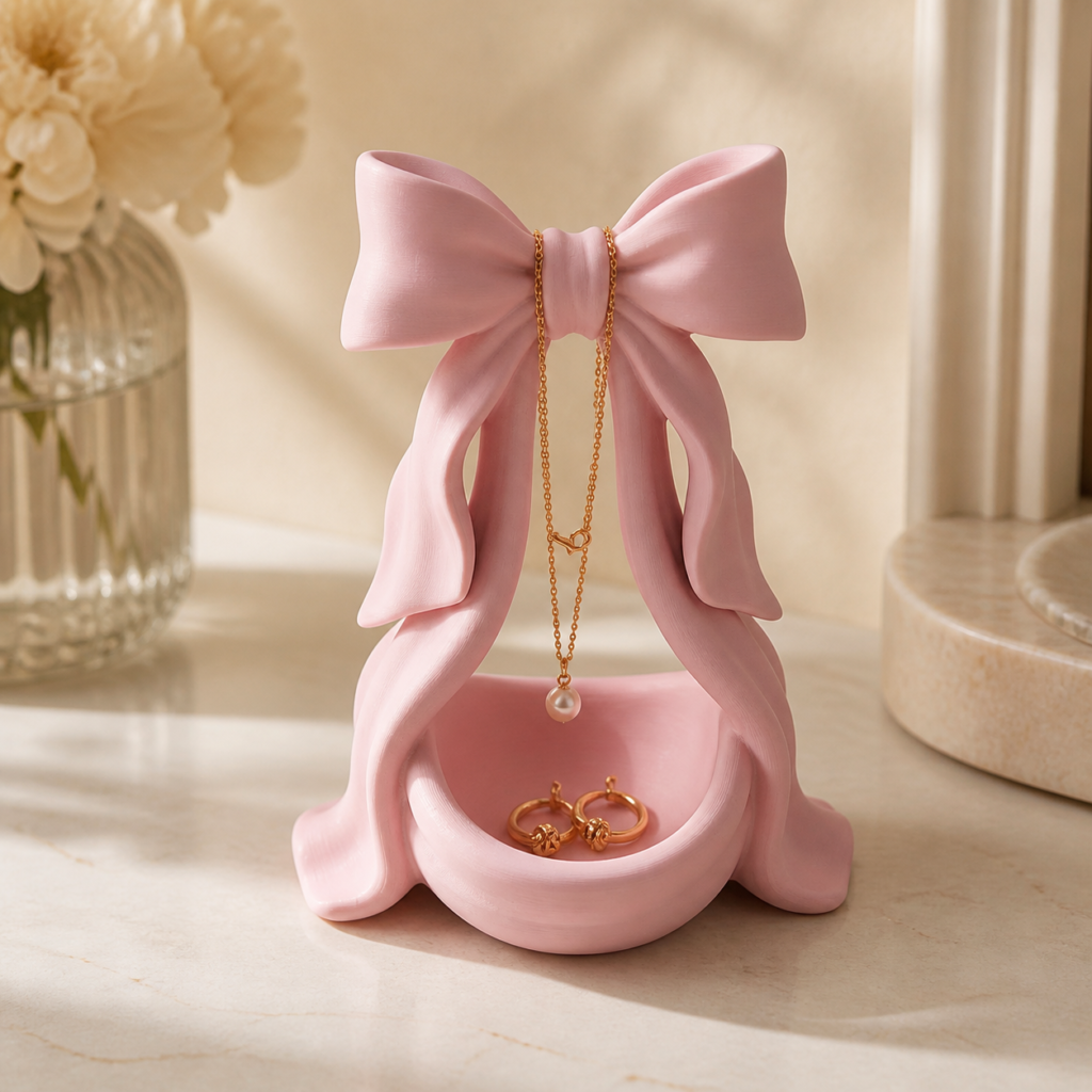 Blush pink sculpted bow jewellery holder with integrated jewellery dish