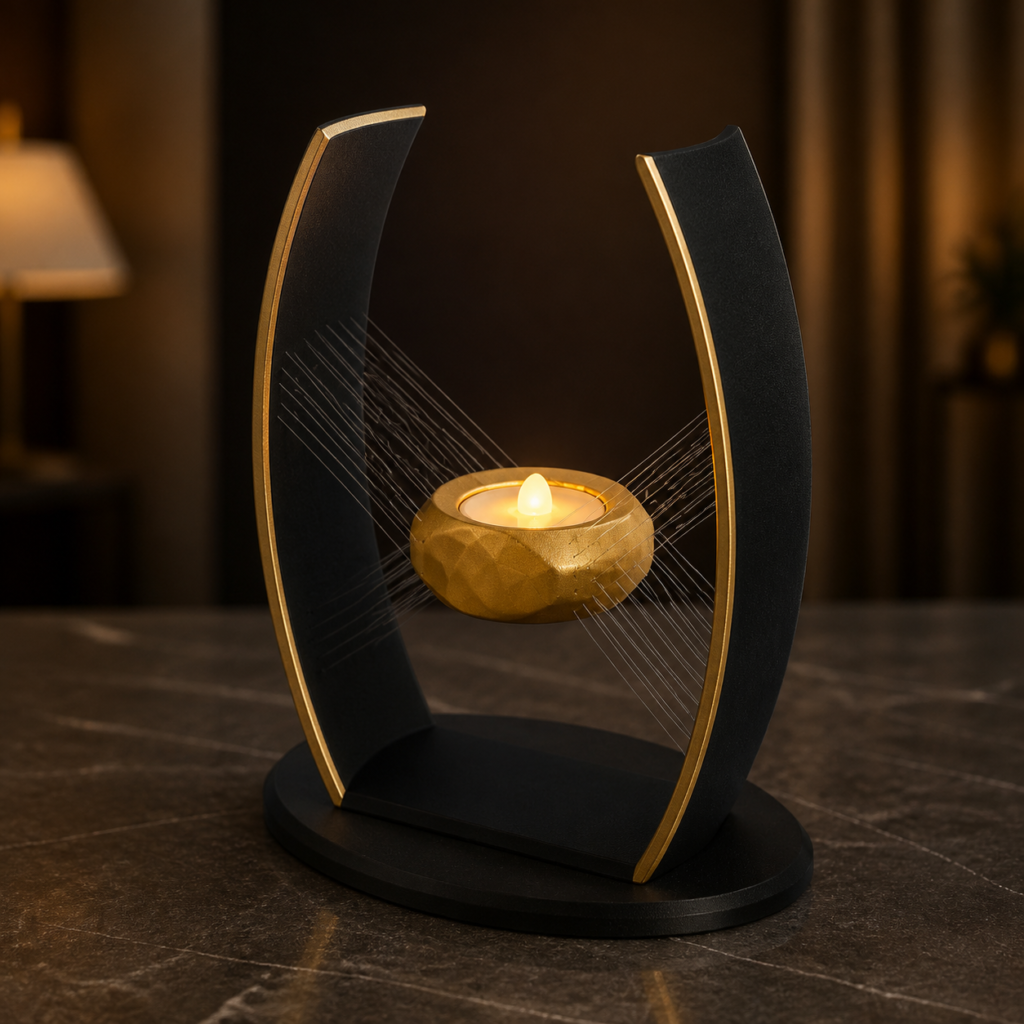 Black and gold suspended LED tealight holder with floating candle effect