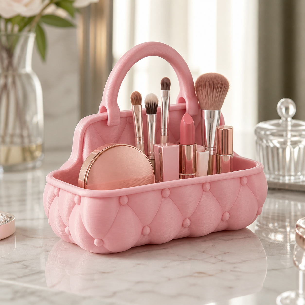 Blush pink tufted handbag makeup organiser